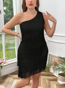 SHEIN Privé 大码女式纯色无袖修身连衣裙 - 黑色 - 查看 1