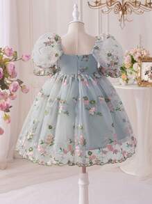 Young Girl Woven Mesh Embroidered Square Collar Fitted Dress - Blue - View 2