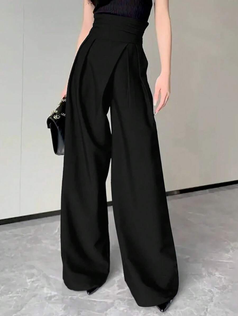 Siren Gaze Dunkelgraue, hochgeschnittene, weite Hose mit hoher Taille, schlankmachenede Business-Hose für Damen