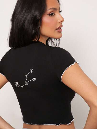 SHEIN Unity 顶级金牛座刺绣星座日常休闲街头服饰生菜下摆生日礼物女士棉质服装T恤女装
