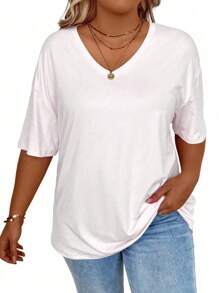 SHEIN CURVE+ Camiseta holgada de talla grande para mujer con cuello en V y hombros caídos, de unicolor - Blanco - Ver 3