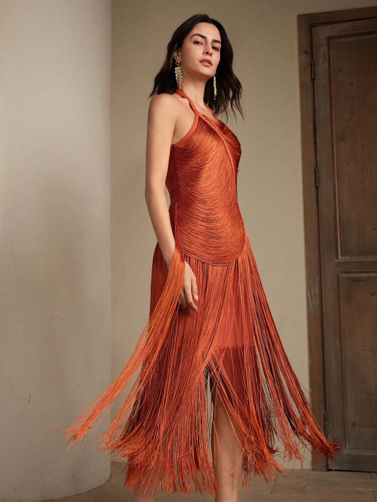 Summer,Elegant,Vacation, Backless, Festival Rose Red Layered Fringed Sleeveless Evening Dress For New Year Clothes