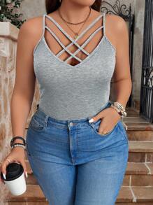 SHEIN LUNE 大码女式纯色休闲交叉吊带背心 - 淺灰色 - 查看 3
