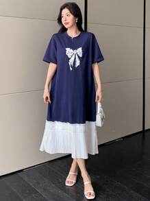 DAZY Women's Bow Patchwork Round Neck Short Sleeve Casual Dress Sundress Maxi Dress - Navy Blue - View 4