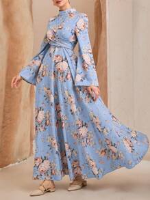 Graceveil Stand Collar Cross Strap Flare Sleeve Women Arabic Long Dress - Blue - View 3
