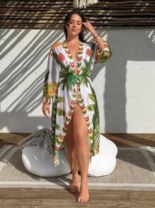 Swim Lushoire Kimono floral ouvert à l'avant, grande taille, décontracté, ample, pour les vacances - Multicolore - Voir 5