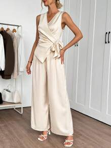 EMERY ROSE Women Solid Color Sleeveless Wrap Tie Top And Pants 2 Pieces Set - Apricot - View 3
