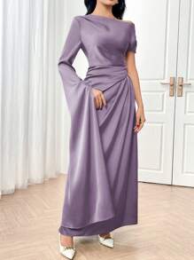 Modelyn Gaun Malam Panjang Wanita Warna Polos Asimetris dengan Rumbai Elegan Warna Biru - Dusty Purple - View 5