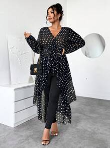 Elenzga Plus Size Women's Elegant Black Dot Print Chiffon Long Sleeve V-Neck High-Low Hem Blouse & Fitted Long Pants 2 Pieces Set - Black - View 5