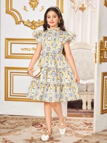 Tween Girls Elegant Geometric Retro Print Ruched Ruffle Hem Dress, Vacation, Gorgeous Palace Style, Gold Retro Print - Khaki - View 9