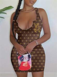 Slaydiva Classic Floral Pattern Casual Minimalist Plus Size Bodycon Dress Suitable For Going Out Chic Dress