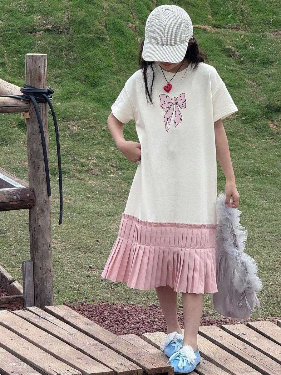 DAZY Tween Girl' Round Neck Knitted Short Sleeve Dress With Bow And Graphic Print, Summer,Back To School Clothes - White - View 1