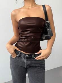 Siren Gaze 新年和情人节女士勃艮第皮革上衣时尚褶皱不对称下摆抹胸，适合外出和派对上衣，新年女士，抹胸 - 咖啡棕 - 查看 7