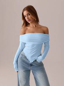 SHEIN SXY Blusa blanca; Camiseta de manga larga a pliegues asimétrica blanca sólida, otoño/primavera; Camiseta ajustada de punto off-shoulder para mujer; Adecuado para citas; Salida diaria - Azul - Ver 1