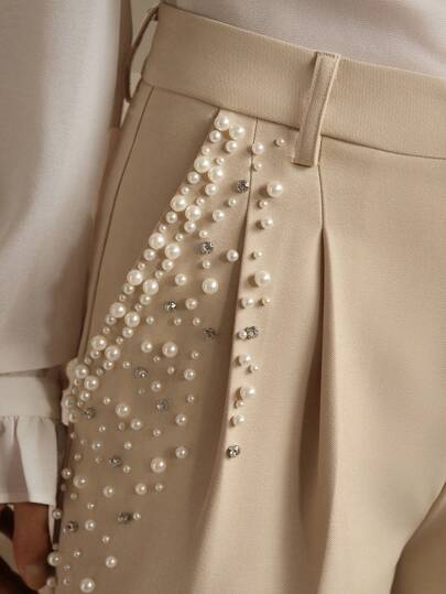 Anewsta Tall Elegant Stylish Design Beaded Pleated Khaki Suit Pants, Suitable For Fall, Summer, Spring, New Year, Party, Wedding, Elegant, Chic, Stylish, Christmas, Business Casual For Women