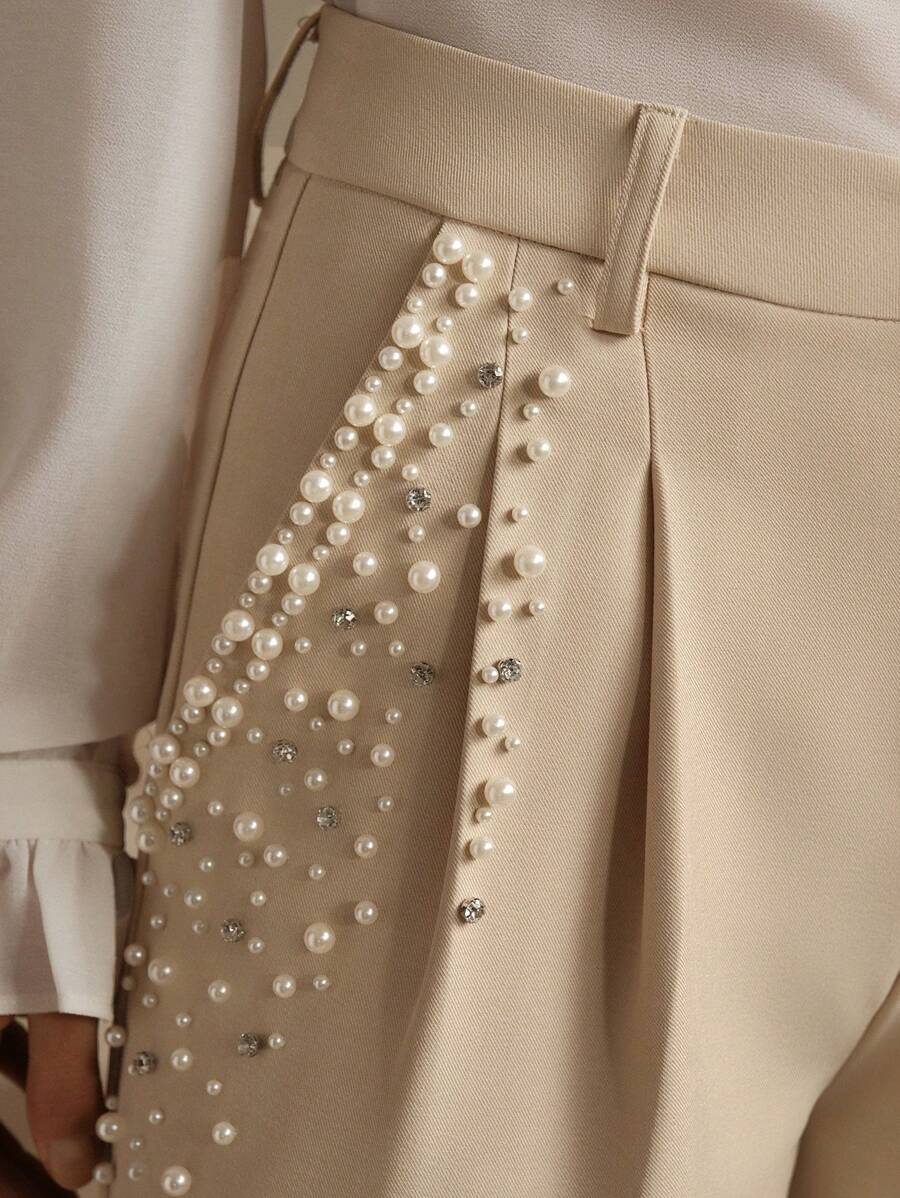 Anewsta Fashionable Modern Commuter Pearl Rhinestone Decor Women Office Pants, Elegant Casual Work Outfits For Women - Cream - View 1