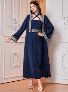 Al Najma 女士优雅两件套：长袖前开襟长袍和挂脖长袍 - 寶藍色 - 查看 6