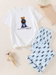 青少年男孩睡衣套装，白色底衣，可爱熊印花，圆领短袖上衣 + 宽松长裤，休闲家居服 - 彩色 - 查看 3