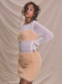 MUSERA Long Sleeve Knitted Fluffy Panel Mini Long Sleeve Dress Elegant Boho Summer - Pink - View 2