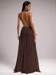 SHEIN BAE 女式纯色露背垂坠领连衣裙 - 棕色 - 查看 2