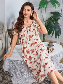 Women's Rose All-Over Print Short Sleeve Sleep Dress - Multicolor - View 4
