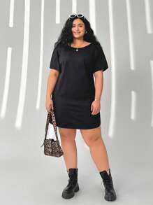 SHEIN EZwear Butterfly Hollow Out Embroidered Casual Plus Size Women Dress - Black - View 3