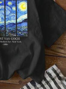 SHEIN EZwear Áo thun tay ngắn cổ tròn dáng rộng họa tiết đêm đầy sao Van Gogh màu đen dành cho nữ, phù hợp cho mùa hè - màu đen - Xem 4
