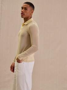 Musero Long Sleeve Fitted Button Up Collared Sheer Polo Style Seam Detail Top Spring Summer Essentials - Apricot - View 2