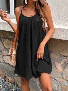 SHEIN Frenchy Women's Solid Color Cotton Muscle Spaghetti Straps Summer Holiday Style Dress, Dress, Tank Dress, Summer Women's Clothing, Cotton Women's Clothing Black