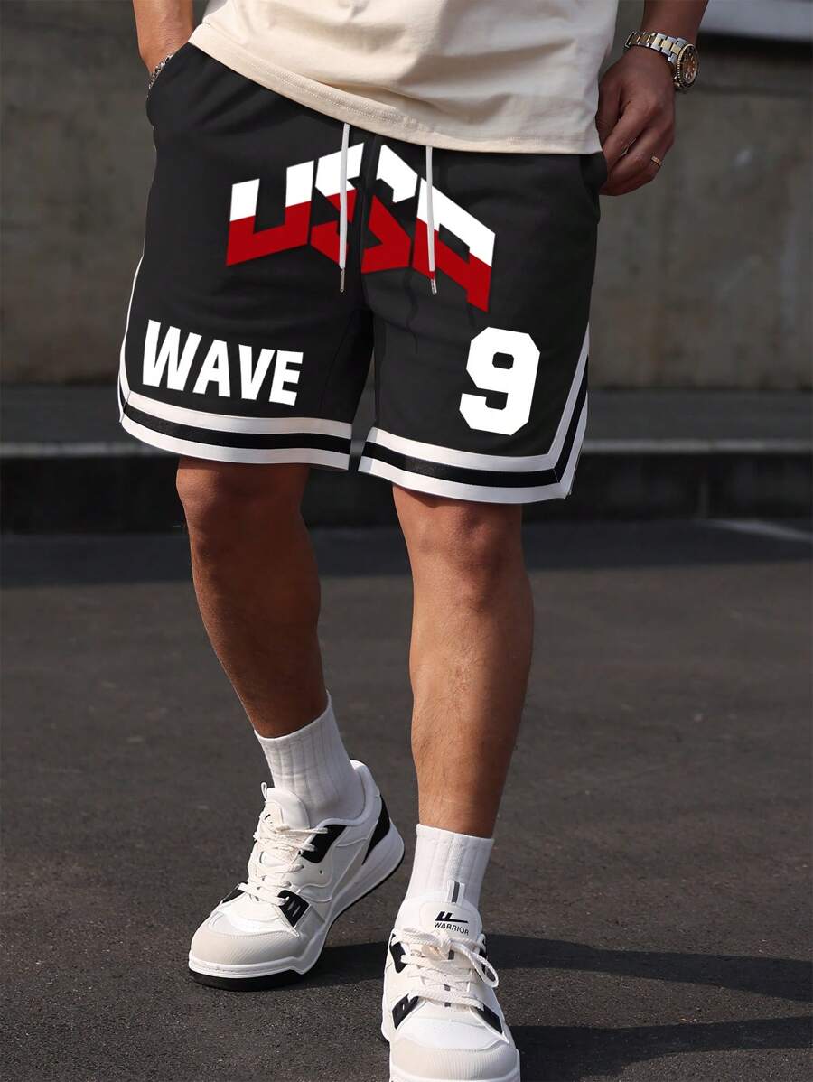 Aesthetic Post--Men's Letter Print Drawstring Waist Pocket Loose Casual Shorts