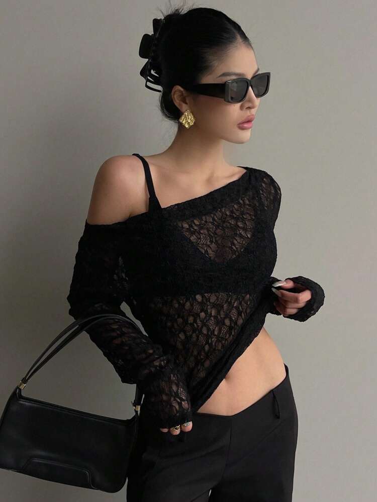 Women's Asymmetric Neck Lace Long Sleeve Blouse