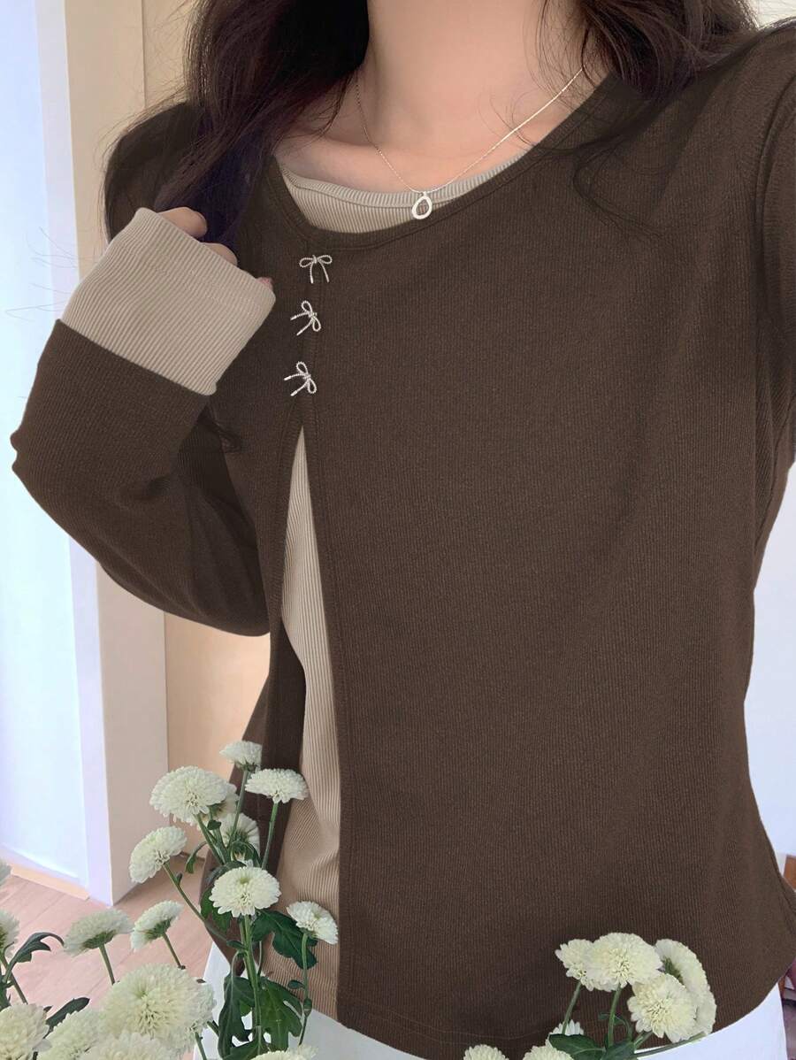 DAZY 女士撞色长袖二合一斜襟圆领蝴蝶T恤，秋季服装