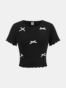 SHEIN Girlism 2pcs Tween Girls Casual Solid Color Knit Crew Neck Contrast Bow Decor Short Sleeve Cute Top Set