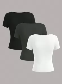 SHEIN EZwear 3 件套女士黑色、橄榄绿、白色短袖短款休闲修身 T 恤，适合夏季 - 彩色 - 查看 2
