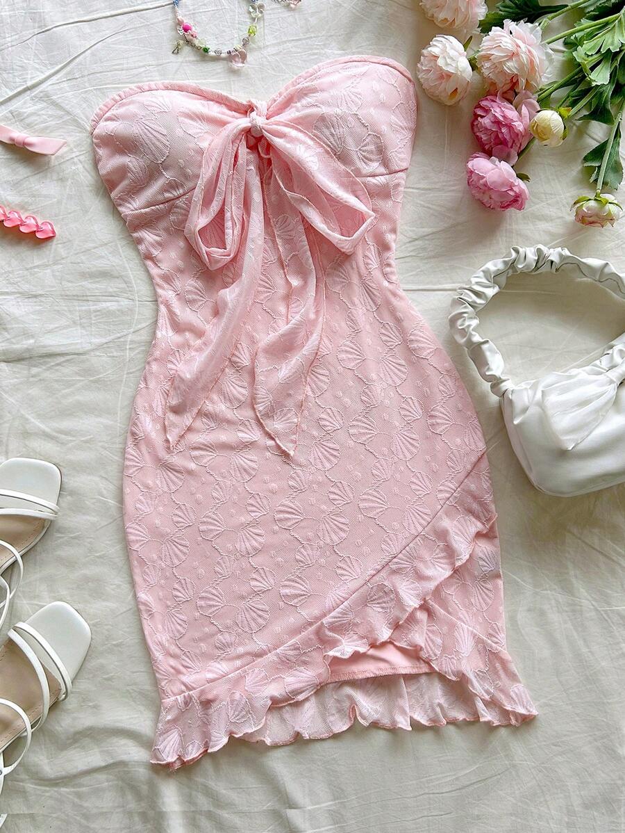Soleia Plajă tricot jacquard tip bandeau cravată tiv cu fundă rochie asimetrică pentru femei, rochie de Paște, roz, rochii sexy pentru femei, rochie mov, ziua St Patrick, dantelă, rochie fără bretele, rochie din dantelă, rochie de domnișoară de onoare. Îmbrăcăminte femei, ținută de concert country, ținute de vacanță, rochie boho femei - Baby Pink - View 1