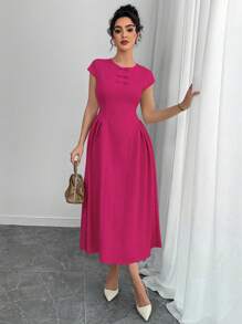 Chiquease Đầm nữ tay ngắn trang trí nơ màu trơn thanh lịch - Màu Hồng Tươi - Xem 7