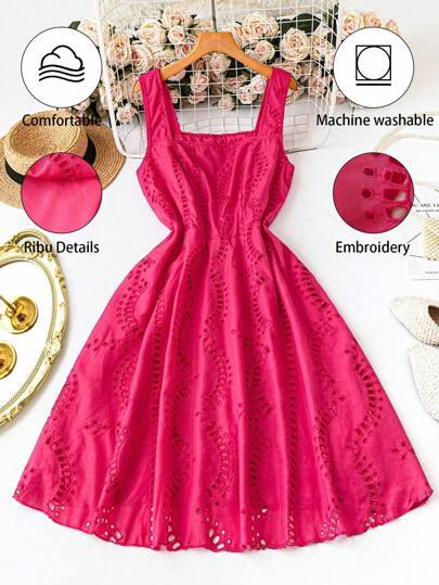 SHEIN LUNE Plus Size Dam Beach Holiday Wrap Framre rem Hollow Virkad Broderad Midja Smickrande Design Klänning