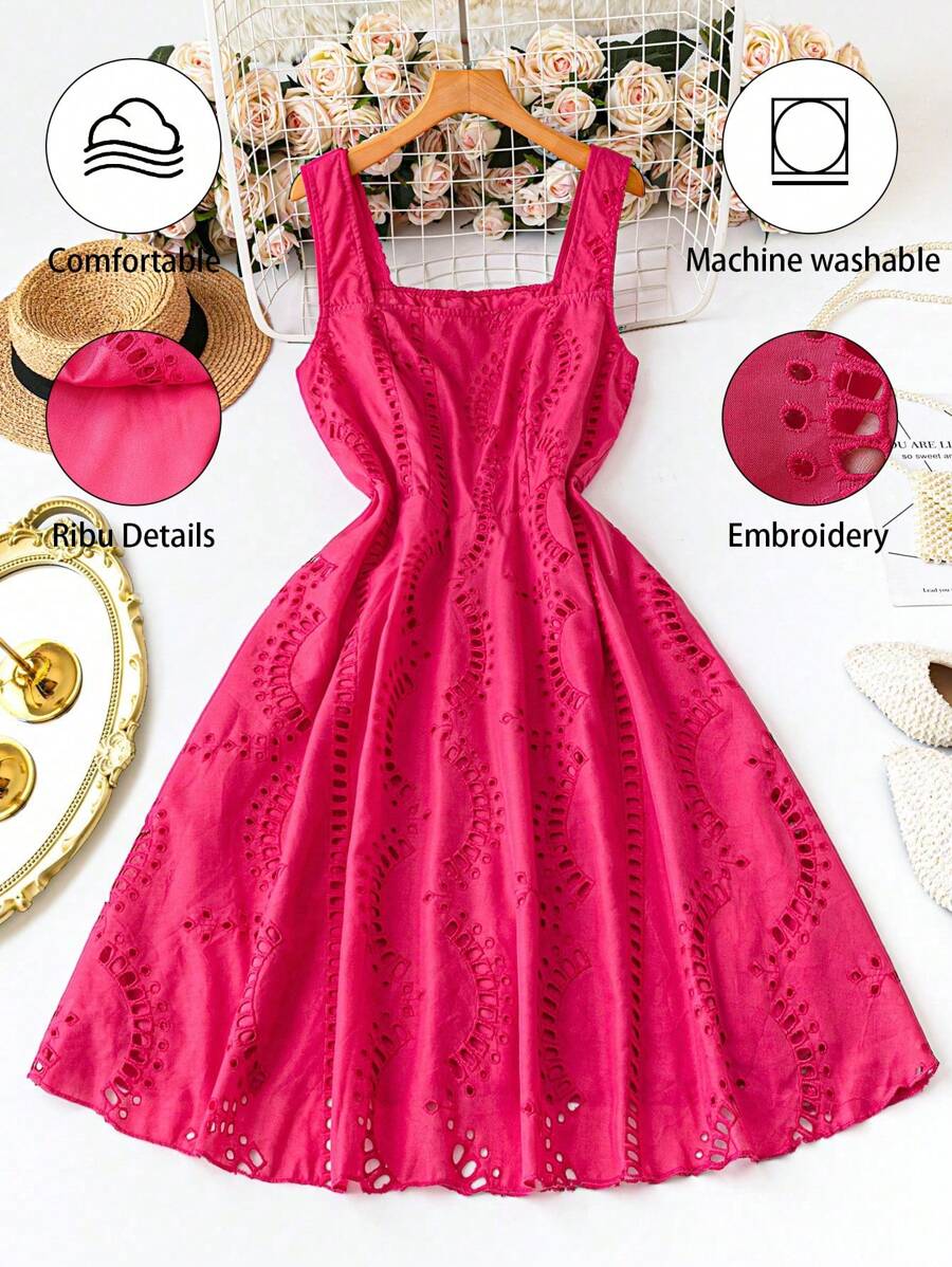 SHEIN LUNE 大码女式海滩度假裹身前带镂空钩针刺绣腰部修身设计连衣裙 - 玫紅色 - 查看 1