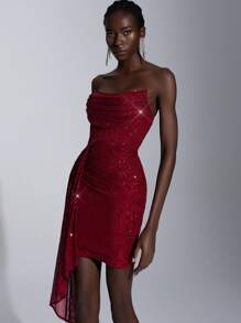 Elitara Váy xếp nếp và sequin lấp lánh tuyệt đẹp thanh lịch, thích hợp cho lễ tốt nghiệp, hẹn hò, tiệc tùng, những dịp trang trọng, váy dạ hội, dự tiệc cocktail - Màu Đỏ Sâu - Xem 6