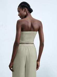 Lumivelle Women's Apricot Casual Strapless Asymmetrical Hem Woven Fabric Top - Apricot - View 2