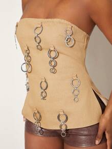 NYA SZN Top Sleeveless Metal Chain Detail Summer Zip Up Tube Event Top Music Festival Elegant Vacation Spring Break Brunch Beach Statement Valentines Day Carnival Outfits For Women - Apricot - View 1