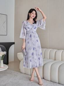 DAZY Váy midi xếp ly cổ chữ V dành cho nữ có họa tiết hoa toàn thân - Màu tím hoa cà - Xem 3