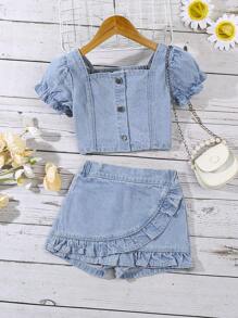 Elladie kids Young Girl' Cute Ruffled Puff Sleeve Elastic Waist Denim Jacket And Shorts 2pcs Set,Holiday,Summer,Travel Summer Holiday - Light Wash - View 3