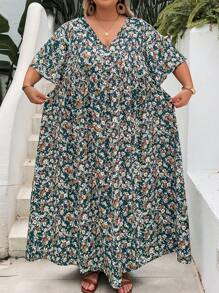 SHEIN CURVE+ 大码女式度假碎花 V 领短袖休闲太阳裙，曲线加大，波西米亚风度假海滩装，女士/沙滩裙/海滩度假装/海滩必备品/毕业/茶会礼服