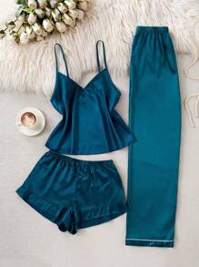 SilkySpell 3 pièces Ensemble de pyjama en soie synthétique de couleur unie comprenant un débardeur, des shorts et un pantalon, parfait pour les vacances