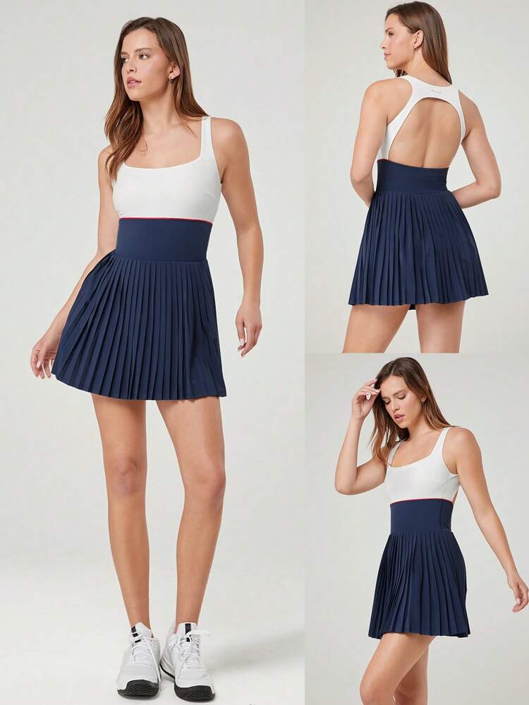 FeatherFit™-Air Schnell trocknendes Tennis Kleid mit eingebauten Körbchen, plissiertem Rückenausschnitt und hoher Taille, mittlerer Stützeffekt mit eingebauter Shorts und Seitentaschen, geeignet für Low-Impact Laufen, Training, Workout, Gym