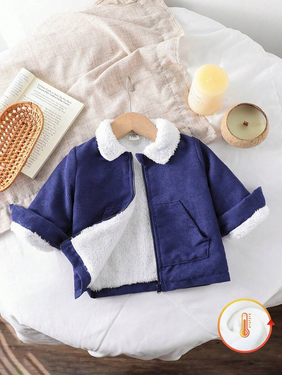 SHEIN Baby Boys Thermal Lined Zip-Up Jacket With Collar, Pockets, Color Blocking, Fashion & Cute, Suitable For Outerwear In Autumn & Winter - Navy Blue - View 1