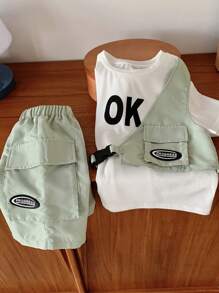 SHEIN Little Byeori 2 Pieces Set Of Young Boys Casual Sports Casual Street Fashion Cute Vacation With Letter Pattern 2 In 1 Workwear Round Neck T-Shirt And Shorts Set Suitable For Kids Outfits Young Boy Clothes Back To School Boys Set Suitable For Birthday Party, Party, Performance, Wedding, Baptism, Back To School Daily Suitable For School Suitable For Travel Suitable For Sports Suitable For Spring And Summer Season - White - View 4