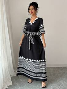 Chiquease 女士 V 领短袖印花 A 字裙，波西米亚风格，休闲，海滩，定制印花，适合日常穿着 - 黑色 - 查看 1