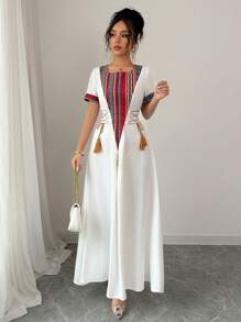 Rafferiza Gaun Midi A-Line Wanita Gaya Elegan dan Sederhana, Model Bohemian dengan Motif Patchwork Vintage Retro, Kerah Bulat, Ikat Pinggang Samping - MultiWarna - View 2